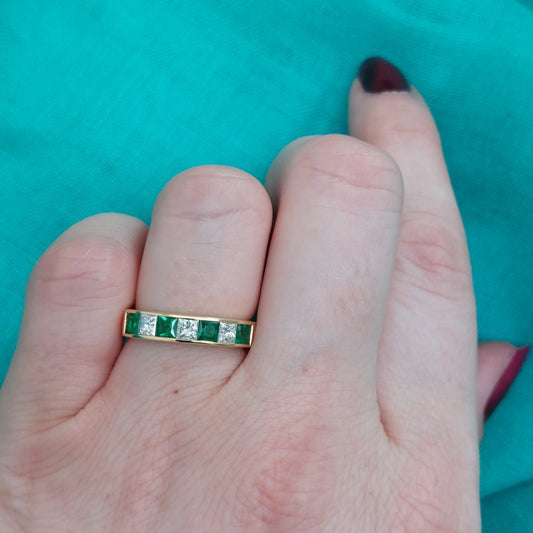 Seven Stone Emerald and Diamond Half Eternity Band Ring