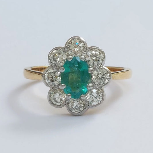 0.80ct Emerald and Diamond Floral Cluster Ring