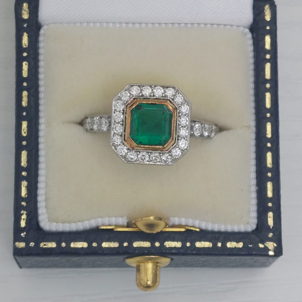 0.90ct Octagon Emerald and Diamond Cluster Engagement Ring