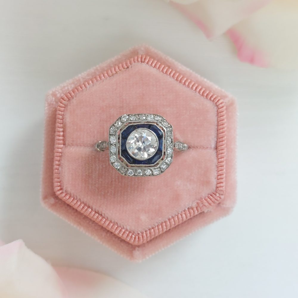 0.90ct Old European Cut Diamond and Sapphire Target Ring