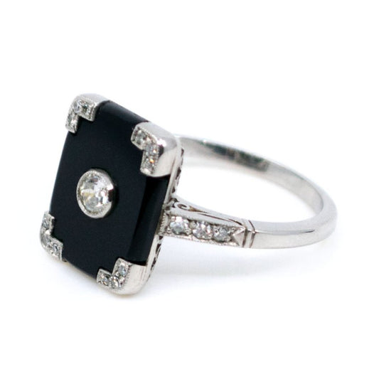 Vintage Onyx and Old European Cut Diamond Platinum Ring
