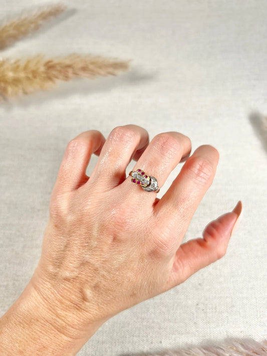 Vintage 1940's, 18 ct Yellow And White Gold Ruby Diamond Set Buckle/Belt Cocktail Ring