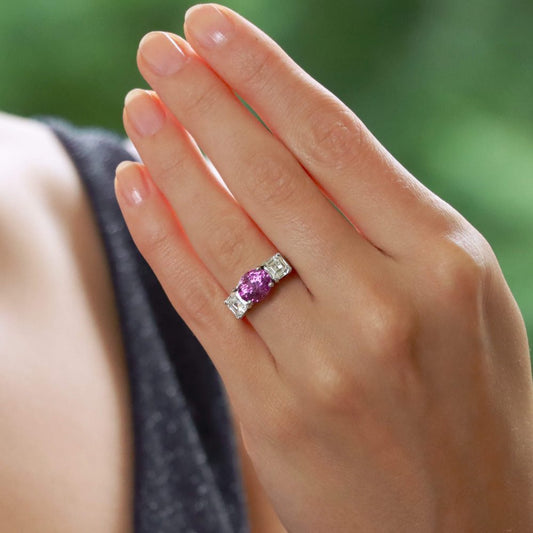 Pink Sapphire and Diamond Three Stone Ring