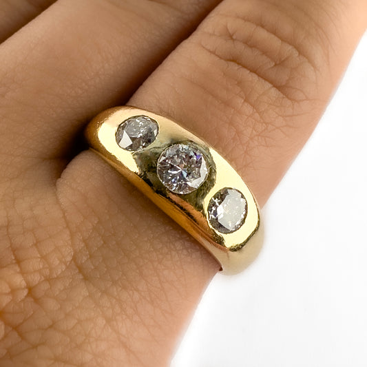 Edwardian Antique 1.25ct Old Transitional Cut Diamond Three Stone Trilogy Gypsy Ring in 18ct Yellow Gold
