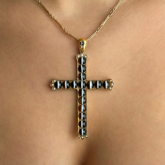 Victorian Antique Banded Agate and Pearl Cross Pendant