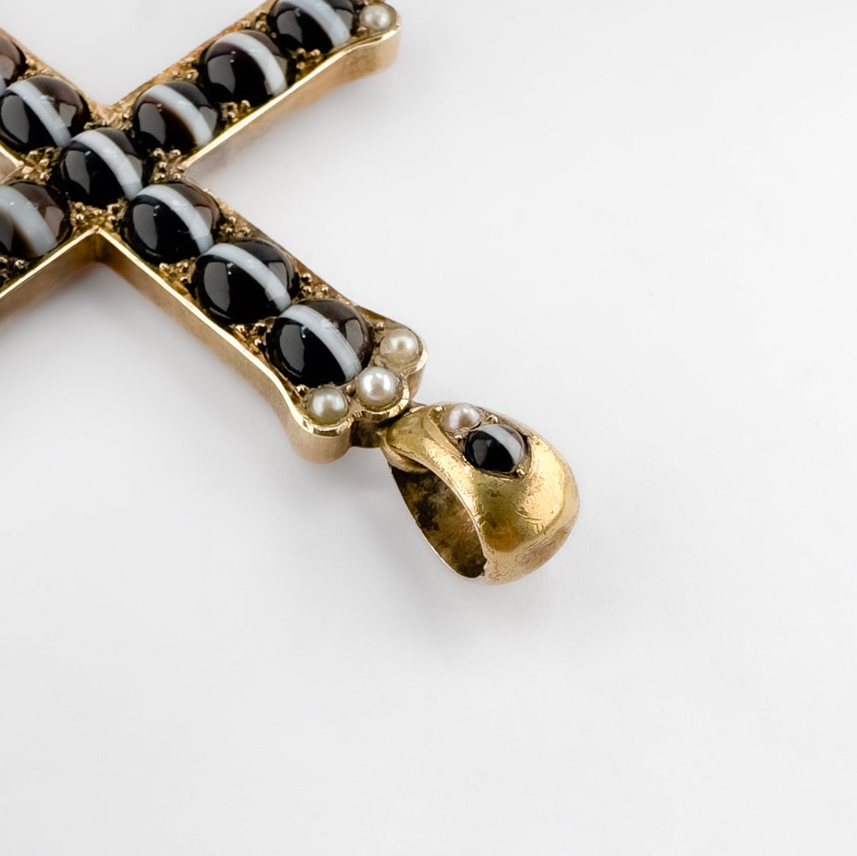 Victorian Antique Banded Agate and Pearl Cross Pendant