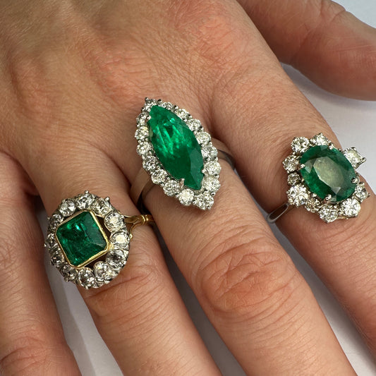Vintage 5ct Marquise Emerald and Diamond Navette Cluster Ring in Platinum