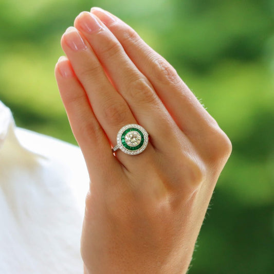 Art Deco Style Emerald and Diamond Target Halo Ring