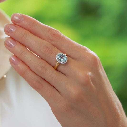 3.39ct Aquamarine and Diamond Halo Cluster Ring in Yellow Gold