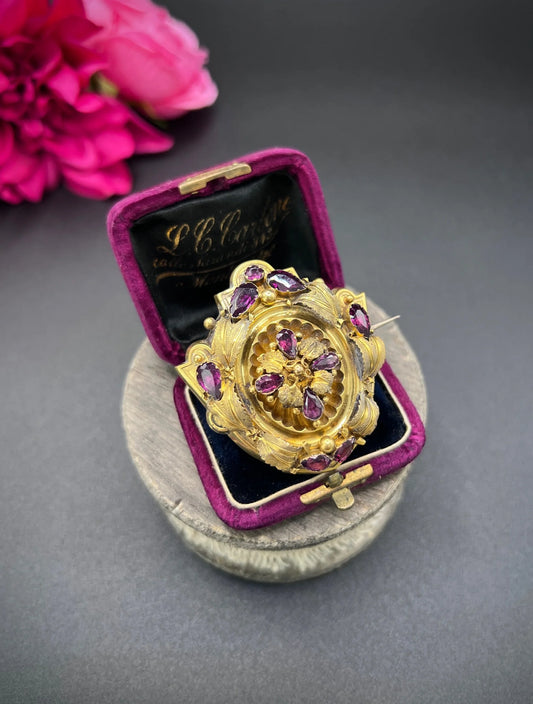 Antique 15ct Gold, Victorian Almandine Garnet Etruscan Design, Locket Back Brooch