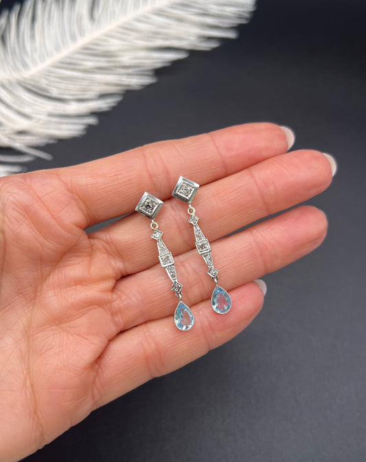 Art Deco 18 Carat Gold, Platinum, Aquamarine and Diamond Drop Earrings, Circa 1920