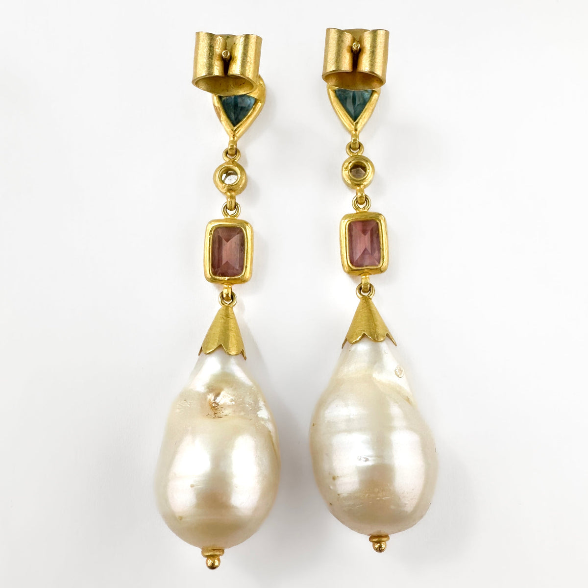 Vintage Baroque Pearl and Multi Gemstone Drop Earrings