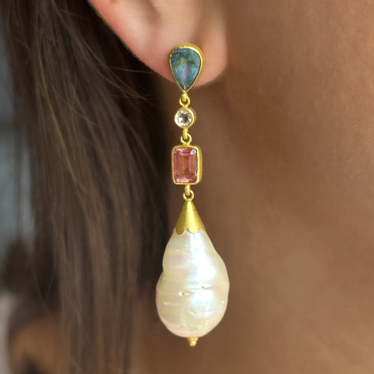 Vintage Baroque Pearl and Multi Gemstone Drop Earrings