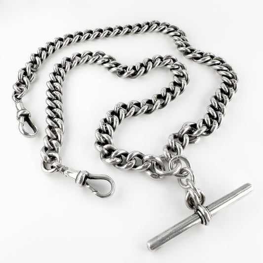 Edwardian Antique Silver Curb Link Albert Chain Necklace With T-Bar