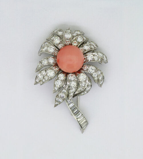 Vintage Boucheron 18ct White Gold Coral and Diamond Flower Brooch