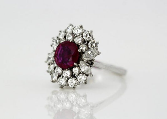 Vintage Burma Ruby and Diamond Cluster Ring, 18ct White Gold