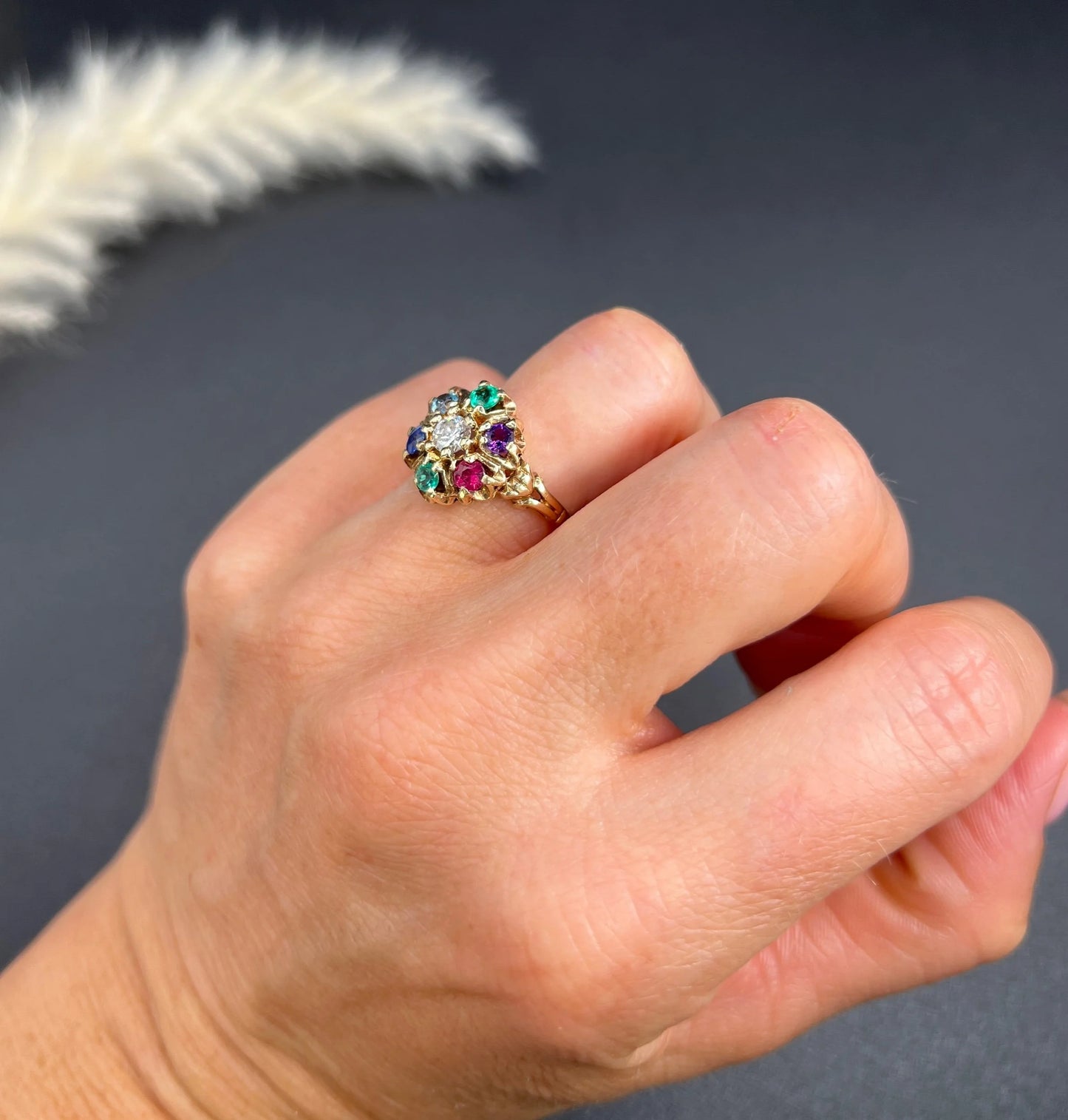 Vintage 10 Carat Yellow Gold, 1970's Diamond, Emerald, Amethyst, Ruby, Sapphire And Topaz Cluster Ring