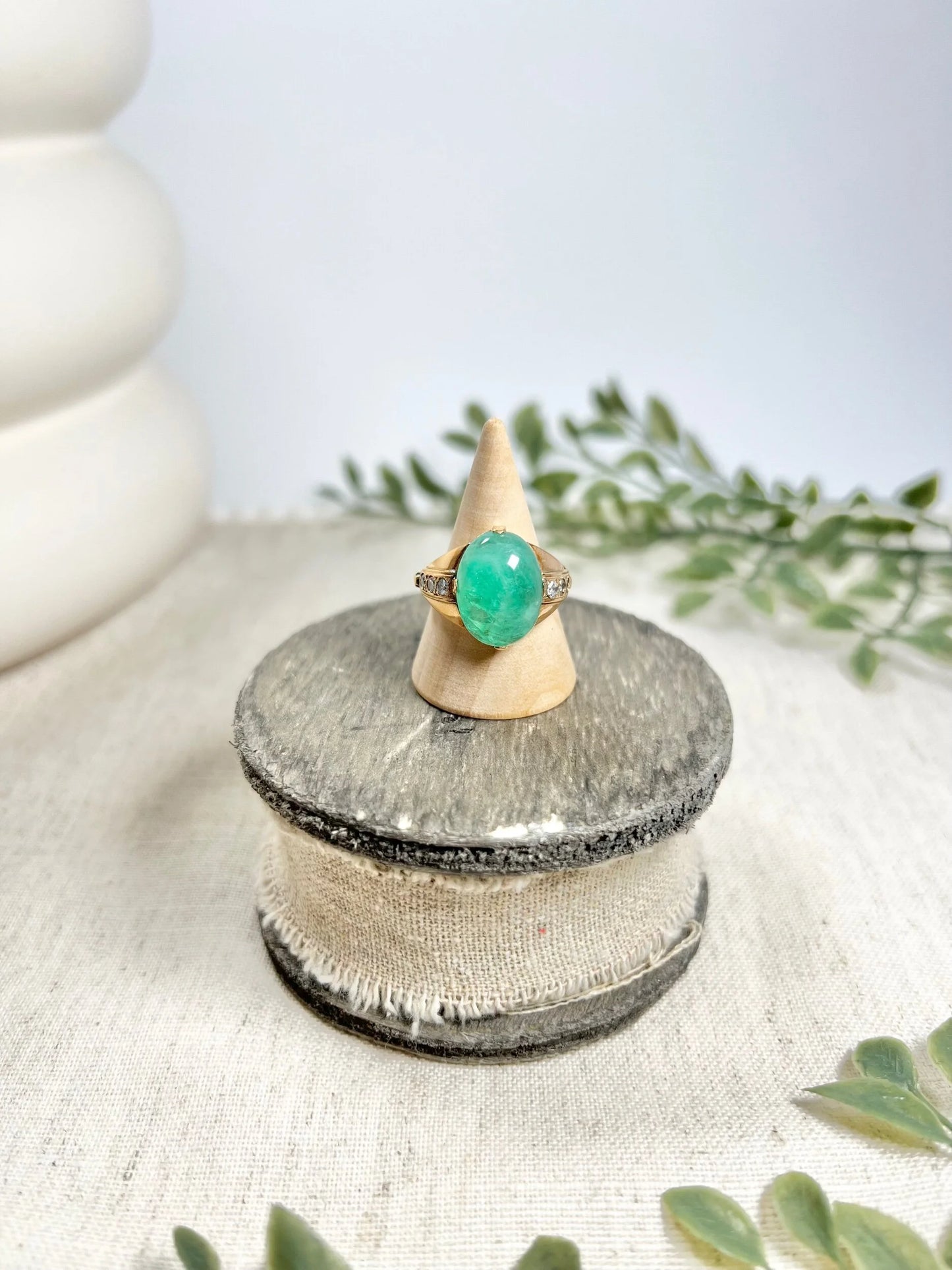 Vintage 14 Carat Rose Gold Cabochon Emerald and Diamond Ring, Circa 1960