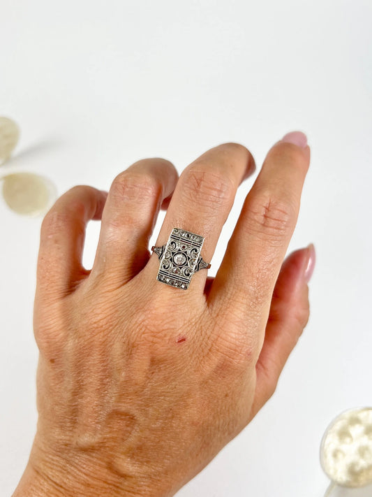 Antique 18ct Gold & Platinum Art Deco Rectangular Diamond and Sapphire Plaque Ring