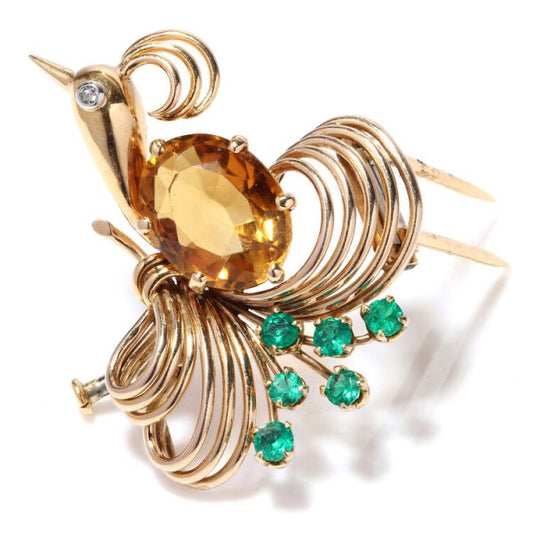 Art Deco French Peacock Brooch with 4ct Citrine, Diamond and Emeralds