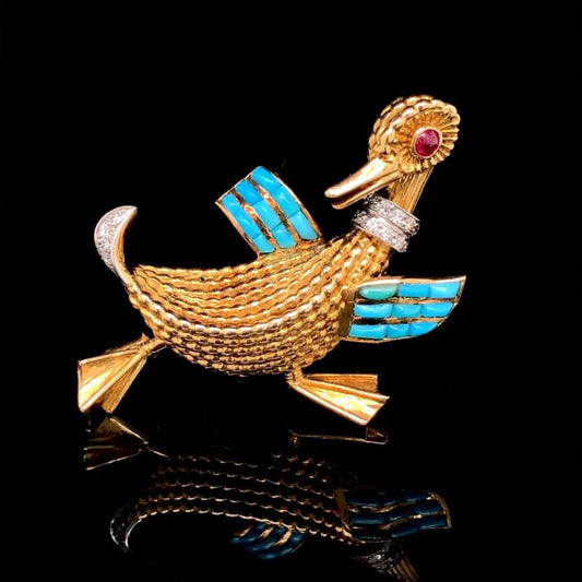 Vintage Boucheron Gem Set Gold Duck Brooch