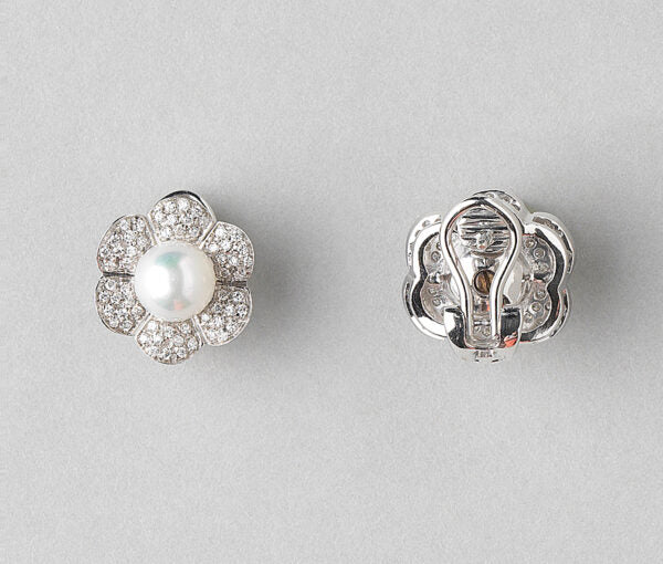 Italian Akoya Pearl and Diamond Flower Cluster Earrings Signed By Georgio Visconti