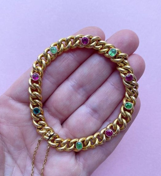 Antique French 18ct Yellow Gold Bracelet with Ruby and Peridot, Circa 1900