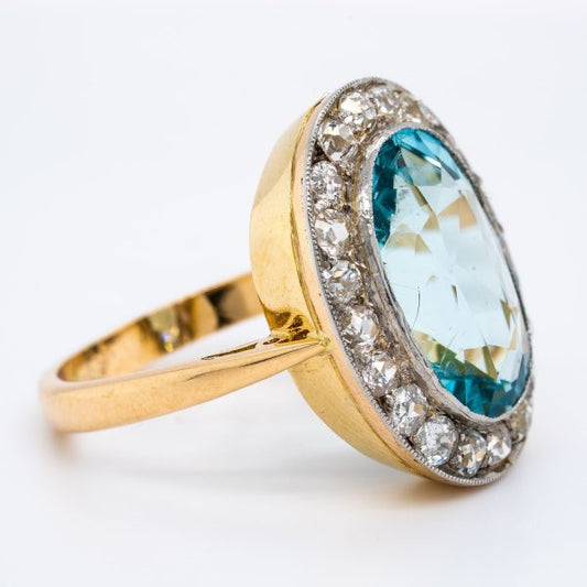 Antique Edwardian 9ct Aquamarine and Diamond Oval Cluster Ring