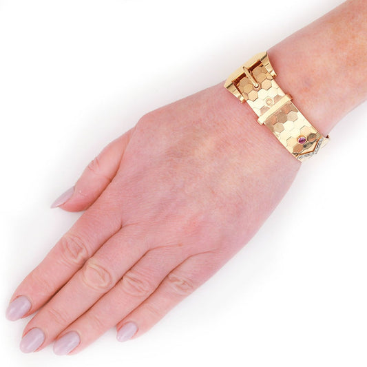 Vintage 18ct Gold Buckle Bracelet with Pink Sapphire and Diamonds