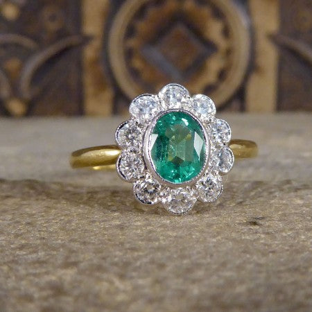 0.65ct Emerald and Diamond Floral Cluster Ring in 18ct Gold