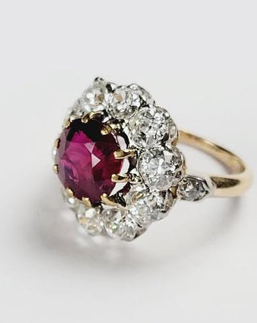 Antique French 2.80ct Natural Ruby and Old Cut Diamond Cluster Ring