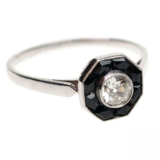 Vintage Old Mine Cut Diamond and Onyx Ring in Platinum