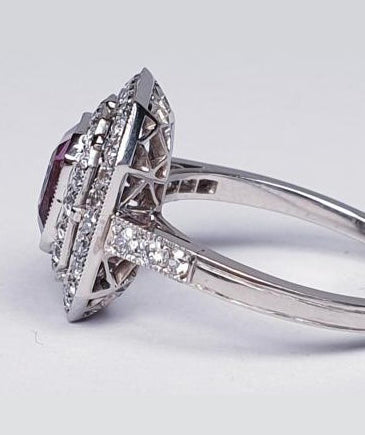 Asscher Cut Pink Spinel and Diamond Cluster Ring