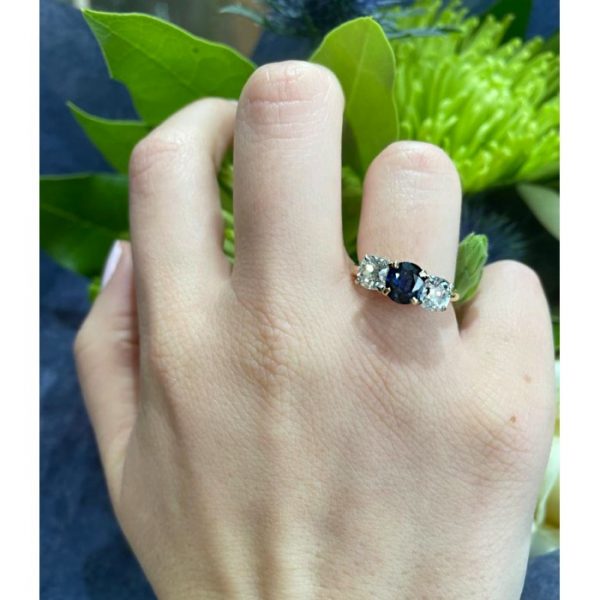 Vintage 1.17ct Sapphire and Old Cut Diamond Three Stone Ring, Circa 1960