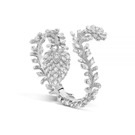 Rose Cut Diamond Floral Cluster Bangle Bracelet, 15.07 carats