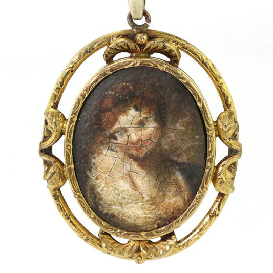 Antique Italian Gold Pendant with Oil Portrait, Circa 17th to 18th Century