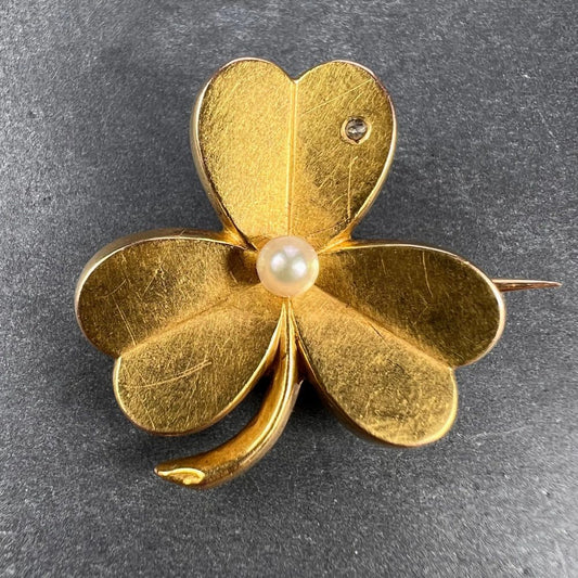 French Natural Pearl and 18ct Yellow Gold Clover Pendant come Brooch