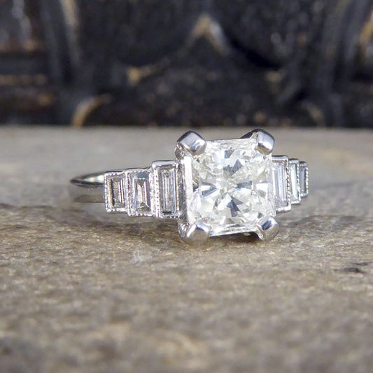 1.37ct Radiant Cut Diamond Ring with Baguette Cut Shoulders