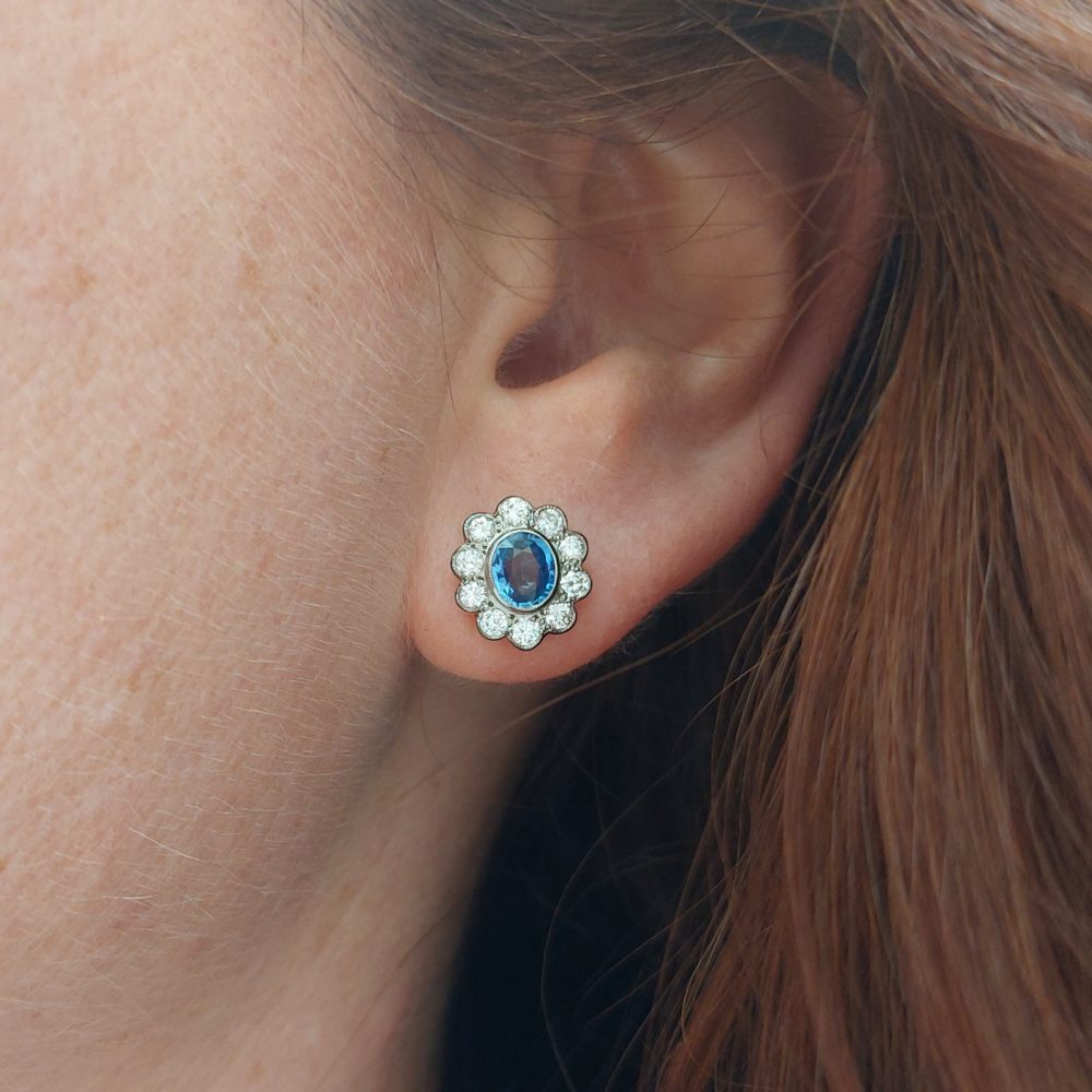 1.50ct Oval Sapphire and Diamond Floral Cluster Earrings