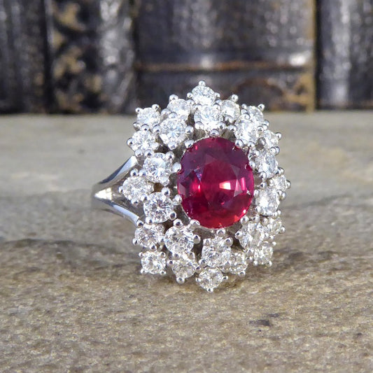 1.80ct No Heat Ruby and Diamond Double Cluster Ring