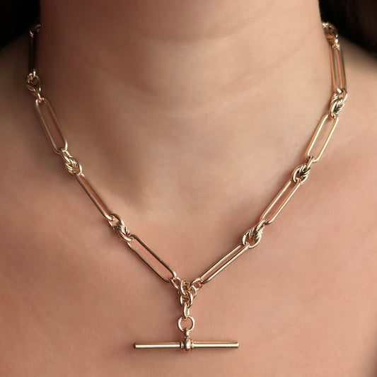 Victorian Antique 9ct Rose Gold Trombone and Knot Link Albert Chain Necklace Circa 1899 19th Century