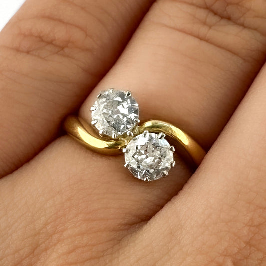 Antique Victorian 1ct Old Cut Diamond Two Stone Toi et Moi Crossover Engagement Ring