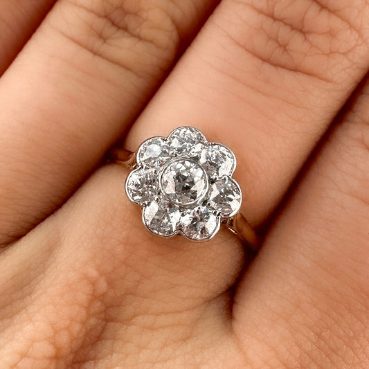 Victorian Antique Old Cut Diamond Daisy Flower Cluster Engagement Ring, 1.75 carats