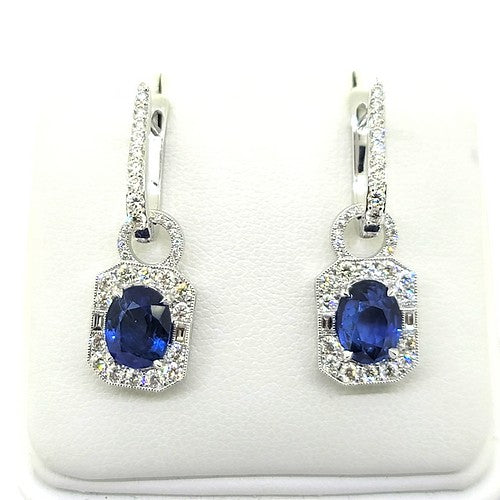 Contemporary 3.4ct Sapphire and Diamond Cluster Drop Earrings in 18ct White Gold, sapphire pendants can be removed to wear diamond horseshoe hoops