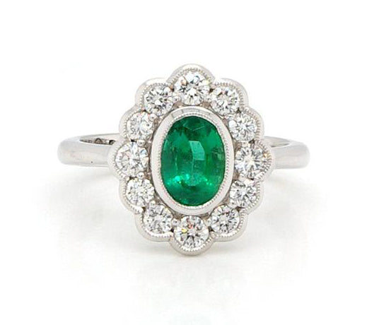 Oval Cut 0.99ct Zambian Emerald and Diamond Cluster Ring, Certified