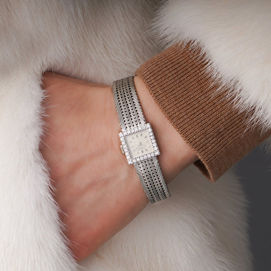 Patek Philippe 18ct White Gold Watch with Square Diamond Bezel
