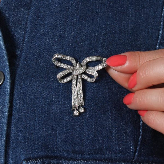 Antique Victorian Old Cut Diamond and Platinum Bow Brooch, 1.44cts