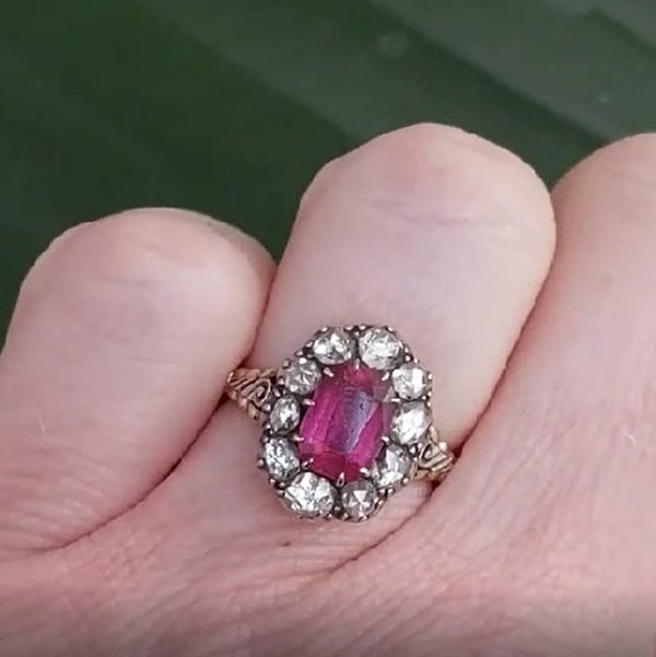 Antique Rose Cut Diamond and Pink Tourmaline Cluster Ring