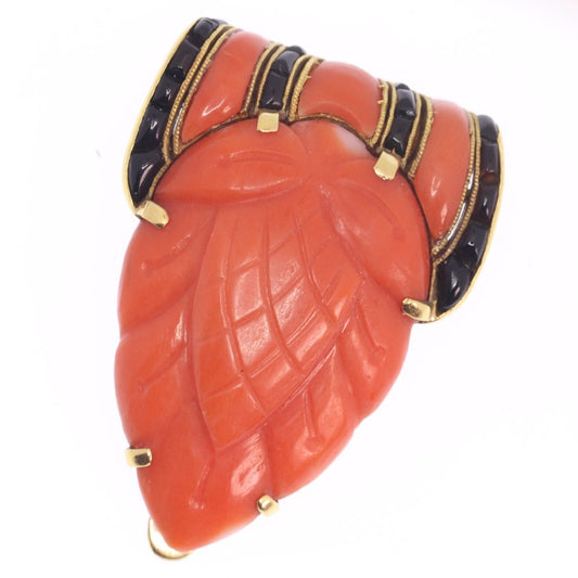 Art Deco Coral and Onyx Brooch, 18ct Yellow Gold, Circa 1920