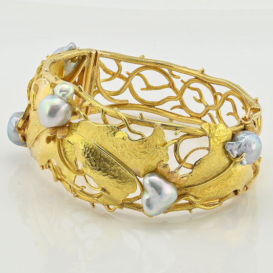 Vintage Cecconi Pearl and 18ct Yellow Gold Ivy Leaf Design Bangle Bracelet